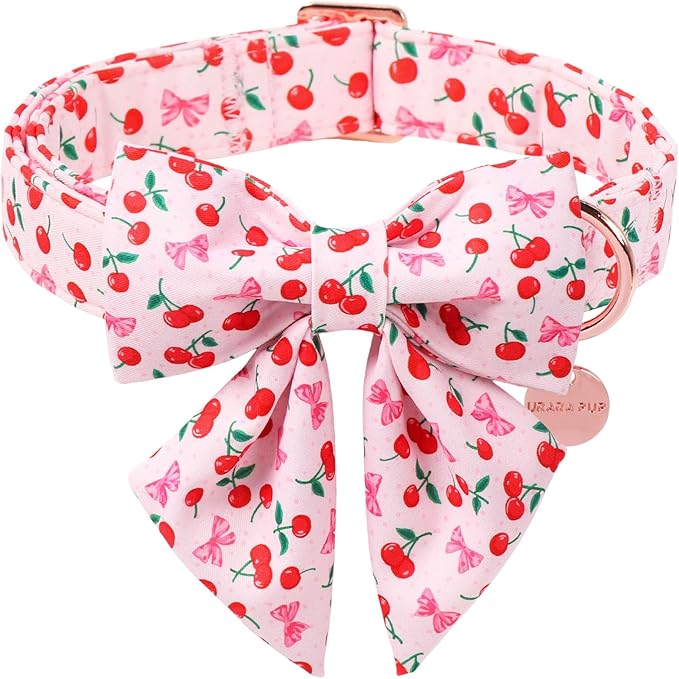 Spring and Summer Dog Collar with Bow Tie, Cherry Bowtie Collar Adjustable for Girl Boy Dog, Spring Pink Bow Collar for Dogs, S