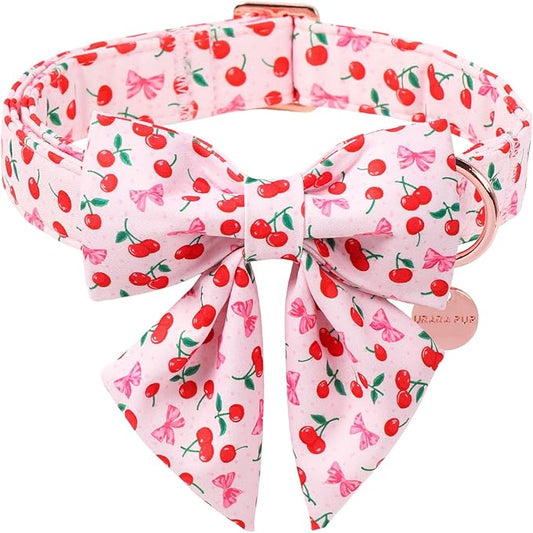 Spring and Summer Dog Collar with Bow Tie, Cherry Bowtie Collar Adjustable for Girl Boy Dog, Spring Pink Bow Collar for Dogs, L