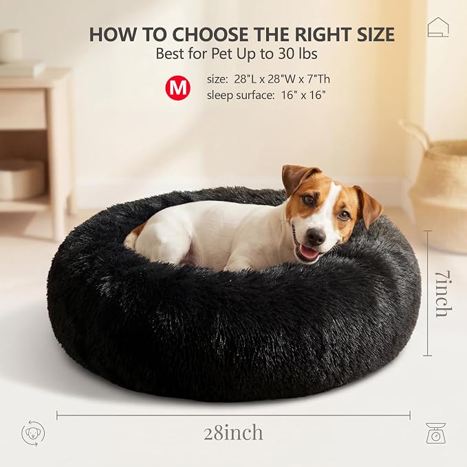 Calming Donut Dogs Beds for Small Dogs Washable,28inch Plush Round Pet Bed for Cozy Sleep,Fluffy Faux Fur Large Cat Bed,Fits up to 30 lbs Pets,Black
