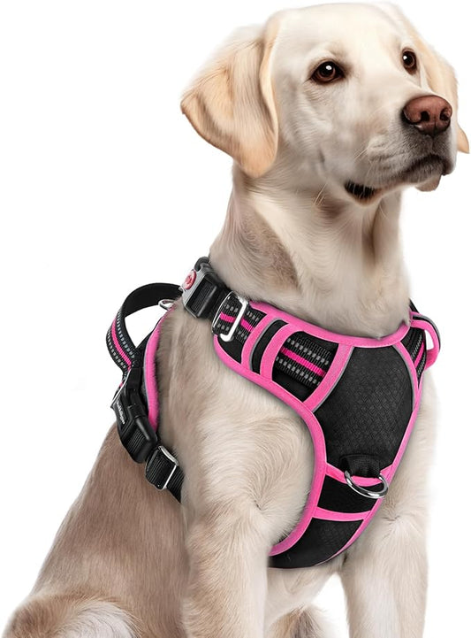 rabbitgoo Dog Harness for Large Dogs, 3 Buckles Easy On & Off No Pull Pet Vest, Soft Padded Walking Pet Harness with Control Handle, Adjustable and Reflective, Black & Rose Pink, L