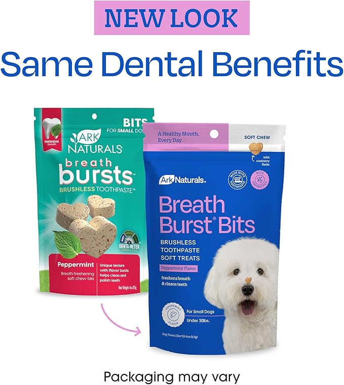 ARK Naturals Breath Bursts Brushless Toothpaste Dog Treats, Dog Dental Bits for Small Breeds, Unique Texture Helps Clean Teeth & Freshen Breath, Peppermint, 4 oz, 1 Pack