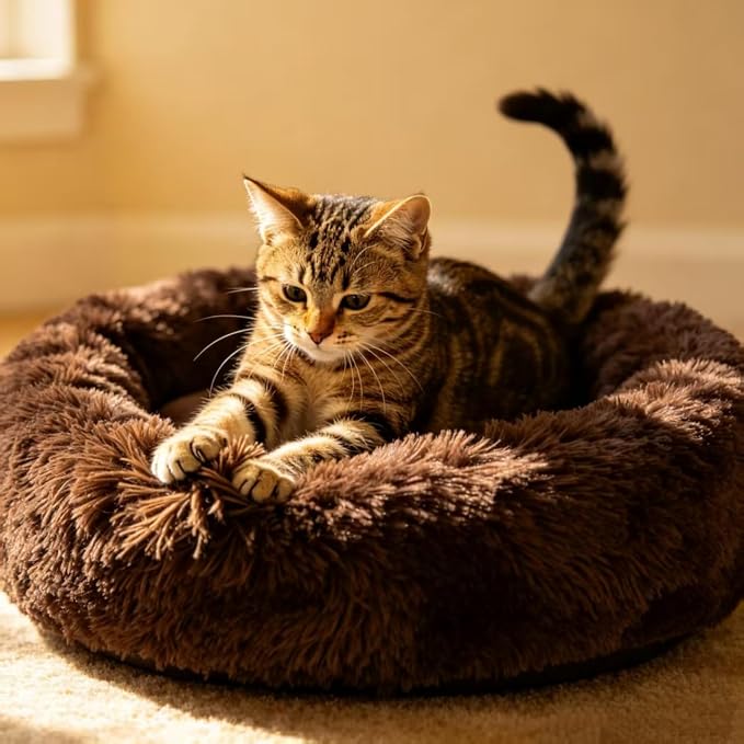 Cat Beds for Indoor Cats - Pet Beds Washable 24 inches, Dog Beds for Small Medium Dogs, Anti Anxiety Round Fluffy Plush Faux Fur Cat Bed, Thick Bottom (Coffee, Large 24" L x 24" W)