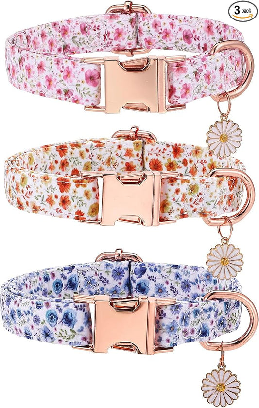 3 Pack Floral Dog Collars for Medium Dogs Flower Dog Collars with Pendant for Girl Female Dogs Cute Puppy Pet Collar (12-18.9 inch)