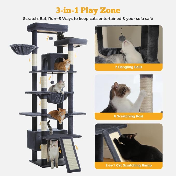 MUTTROS 81" Heavy Duty Cat Tree for Large Cats up to 20lbs - Extra Tall Cat Tower with Metal Frame Hammock, 6 Sisal Scratching Posts, 2 Perches - Indoor Cat Furniture for Maine Coon, Dark Gray