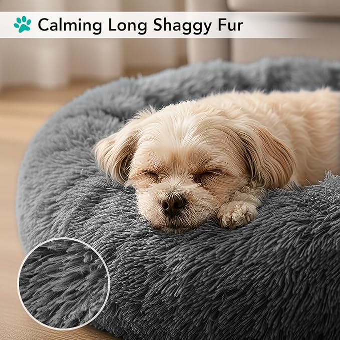 PetAmi Calming Dog Bed for Small & Medium Dogs, Cats & Puppy, Warming Round Donut Cuddler Bed, Anti-Anxiety Fluffy Shaggy Faux Fur Pet Bed, Machine Washable, Non-Slip Bottom, 23 Inch - Dark Gray