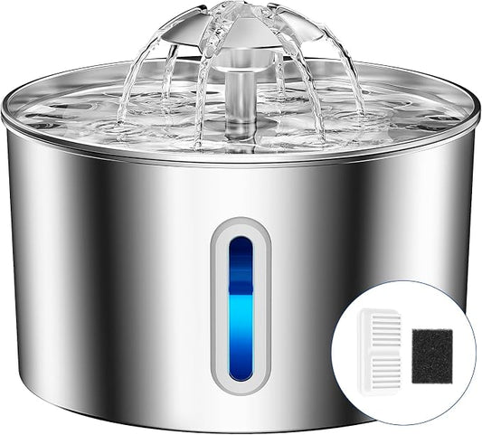 Stainless Steel Cat Water Fountain - 108oz/3.2l Metal Pet Water Bowl Dispenser with Quiet Pump - Automatic Water Fountains for Dog/Cats Drinking - Pets Waterer Indoor with Replacement Filters