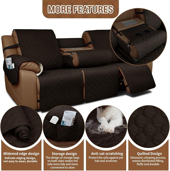 Waterproof Recliner Sofa Covers with Flipped Middle Backrest Washable Recliner Couch Covers Non-Slip with Elastic Straps Furniture Protector for Kid Dogs Pets (Chocolate)