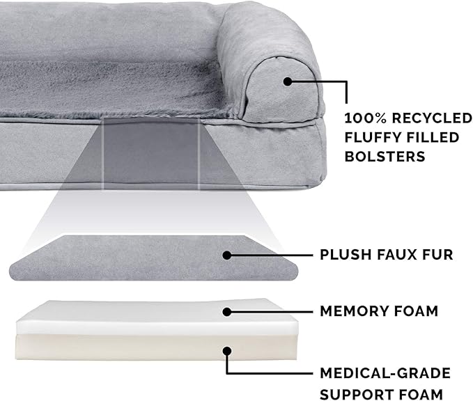 Furhaven Memory Foam Dog Bed for Large/Medium Dogs w/ Removable Bolsters & Washable Cover, For Dogs Up to 55 lbs - Plush & Suede Sofa - Gray, Large