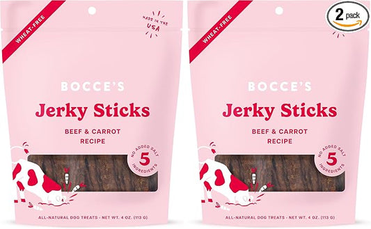 Bocce's Bakery Jerky Stick Dog Treats,Wheat-Free,Made with Limited-Ingredients,Baked in The USA with No Added Salt or Sugar,All-Naural & High-Protein,Beef & Carrot Recipe,4 oz,(Pack of 2)