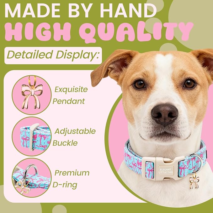 Elegant little tail Dog Collar,Pink Sailor Bow Pattern Pet Collars Dog Cotton Soft Sturdy Puppy Collars Female or Male Adjustable Collar for Small Medium Large Dogs