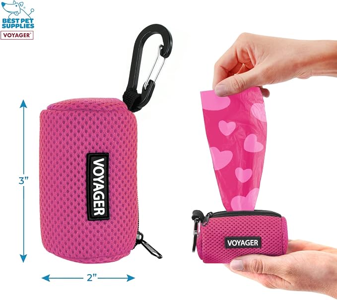 Best Pet Supplies Dog Poop Bag Holder Leash Attachment with 15 Bags, Fuchsia, Reusable Mesh Dispenser Pouch for Travel, Walking, Park, and Outdoor Use, Soft and Durable with Clip-On (Pack of 3)