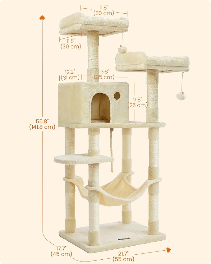 Feandrea Cat Tree, 55.8-Inch Cat Tower, Multi-Level Plush Condo with 11 Scratching Posts, 2 Perches, Hammock, Cave, Beige UPCT15BE