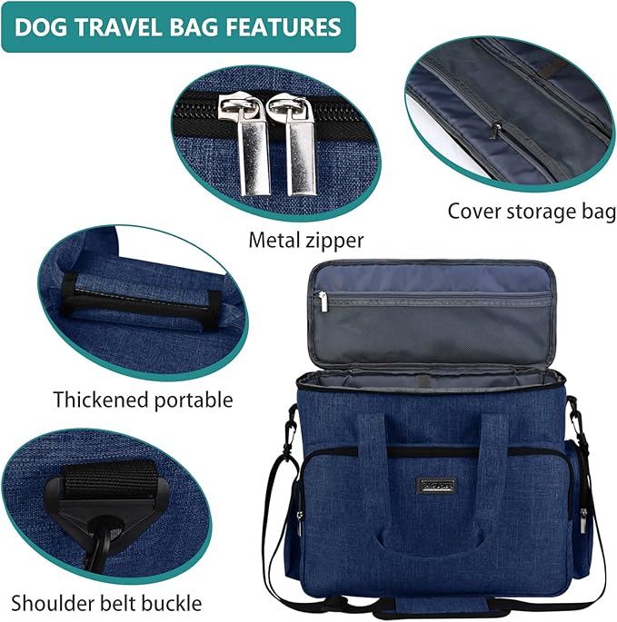 BAGLHER Dog Travel Bag, Pet Travel Bag (ALL Pet Travel Supplies), With 2 Pet Food Containers and 2 Collapsible Silicone Bowls; Essential Kits for Pet Travel Dark Blue