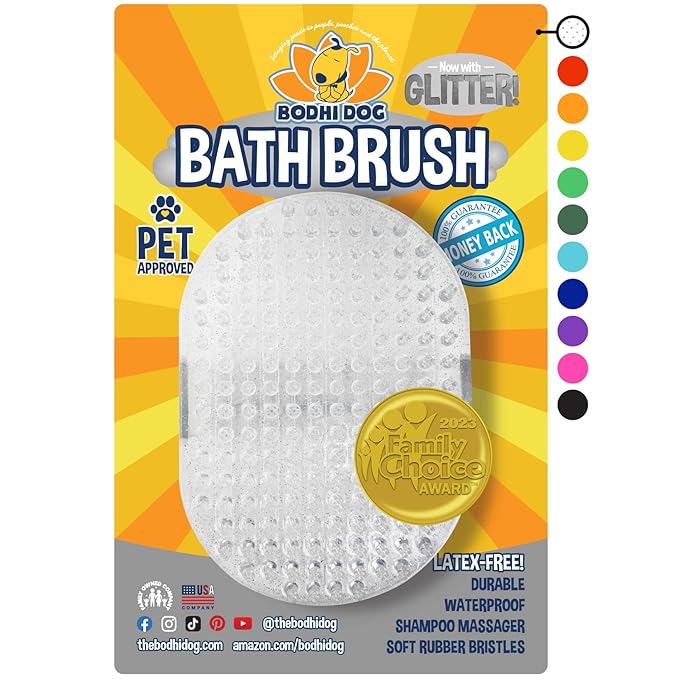 Bodhi Dog Shampoo Brush - Pet Grooming & Bath Supplies for Dogs and Cats - Bath Brush for Long & Short Hair - Premium Scrubber for Shower, Bathing & Massage (One Pack, Silver Glitter)
