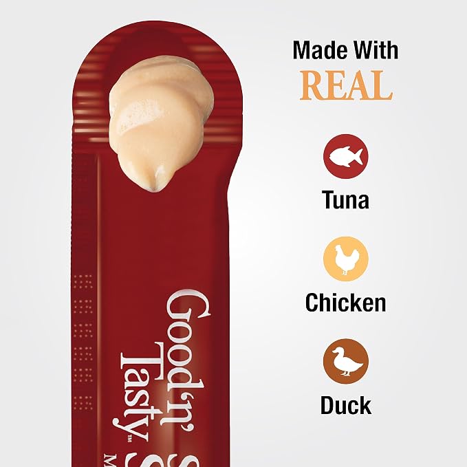 Good 'N' Tasty Savory Spoonables with Real Tuna, Chicken & Duck, 6 Count Tube, Triple Flavor Squeezable Lickable Wet Treats for Cats with Built-in Spoon for Less Mess