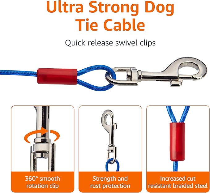 Amazon Basics Tie-Out Cable for Dogs up to 60 lbs, 25 feet, Lightweight, Durable Superior Clips, Blue