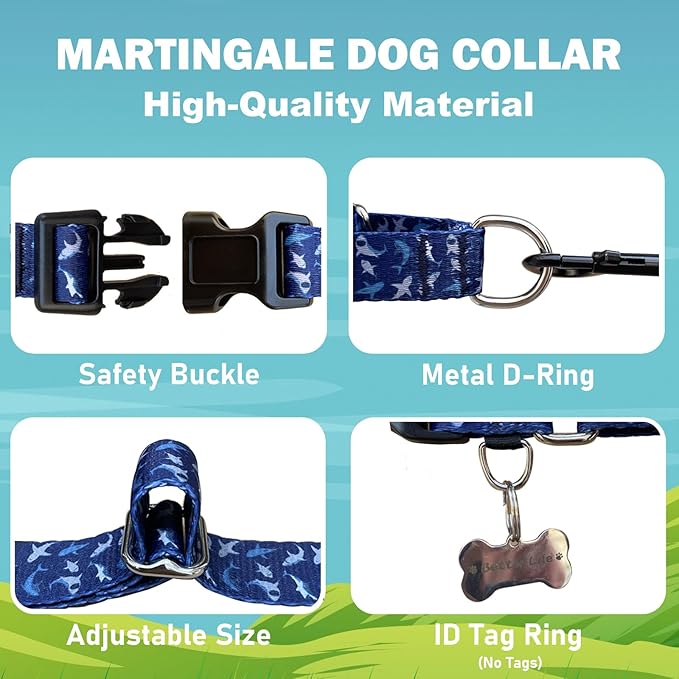 Martingale Collar for Dogs with Buckle Shark Dog Collar Adjustable Soft Nylon Boy Dog Collars for Small Dogs, Deep Blue Shark