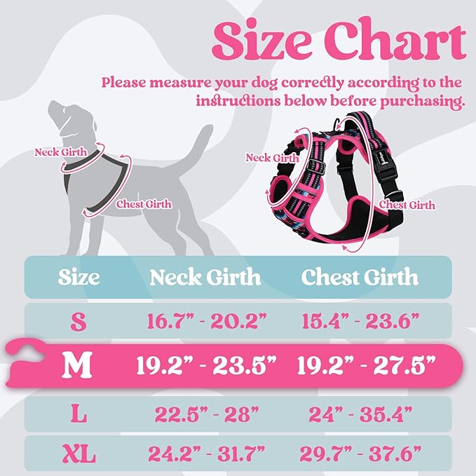 rabbitgoo Dog Harness Medium Sized, No Pull Easy On & Off with 3 Buckles Pet Harness, Adjustable Soft Walking Vest with 2 Clips and Handle, Reflective for Medium Dogs, Mountain Rose, M