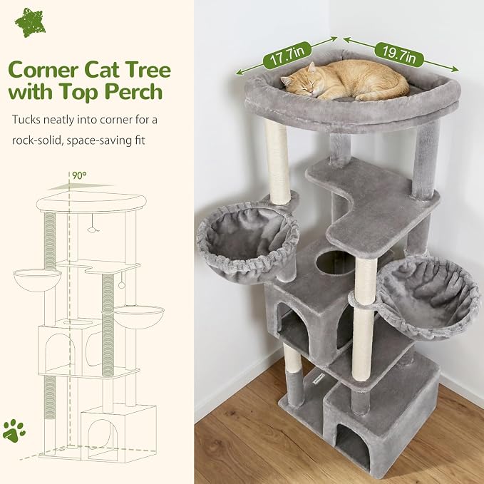 Globlazer 64in Corner Cat Tree for Large Indoor Cats, Space Saving Multi-Level Cat Tower with 2 Condos, 2 Hammocks, 4 Sisal Scratching Posts, C64, Light Grey
