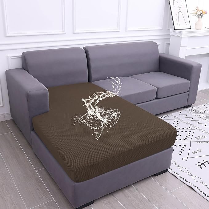 hyha Waterproof Couch Cushion Covers, Sectional Sofa Cushion Slipcovers L Shape, Thick Stretch Jacquard Fabric, Washable Chaise Lounge Cover with Elastic Bottom (1 Piece for Chaise, Coffee)