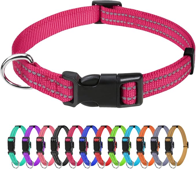 TagME Reflective Nylon Dog Collars, Adjustable Classic Pet Collar with Quick Release Buckle for Puppy, Hot Pink, 3/8" Width