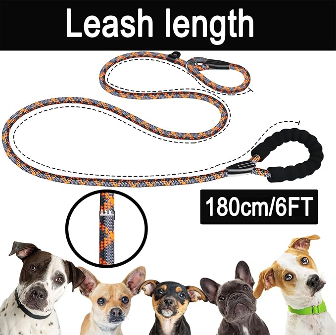 Dog Leash 6 FT, Durable Premium Quality Strong Training Rope Slip Leash with Comfortable Padded Handle and Highly Reflective Threads for Small Medium and Large Dogs, (Grey Orange)