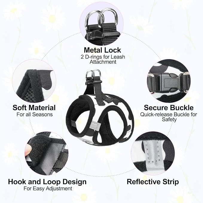 BEAUTYZOO Small Dog Harness and Leash Set, Cow Print Step in Dog Harness No Pull No Choke Puppy Harness Reflective for XXS XS S Dogs Cats, Soft Padded Mesh Vest Harnesses Girl and Boy Pets