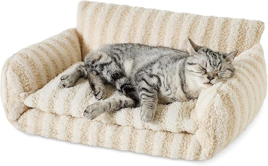Hollypet Cat Bed Fluffy Plush Multifunctional Double-Layer Machine Washable Soft Warming Kitty Pet Couch Orthopedic Nest Beds for Small Cats Kitten and Dogs up to 13lbs, Beige(21x15x8 inch)