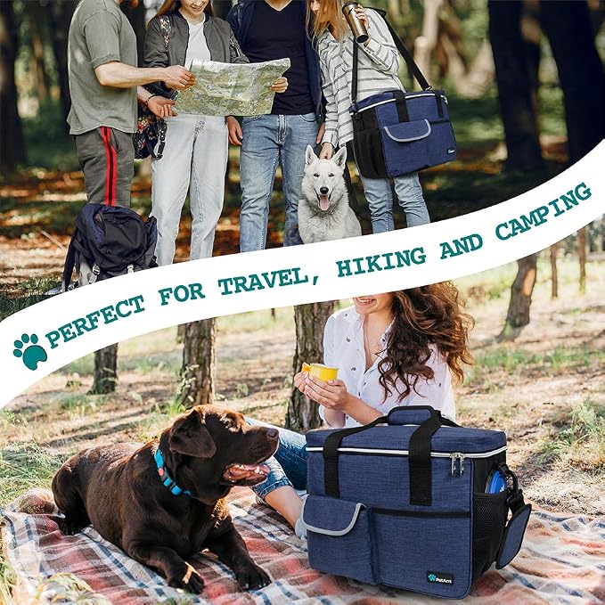 PetAmi Dog Travel Bag Organizer, Pet Travel Kit with 2 Food Containers & 2 Collapsible Dog Bowls, Pet Supplies Tote with Luggage Sleeve, Weekend Road Trip Camping Essentials, Navy Blue, Medium