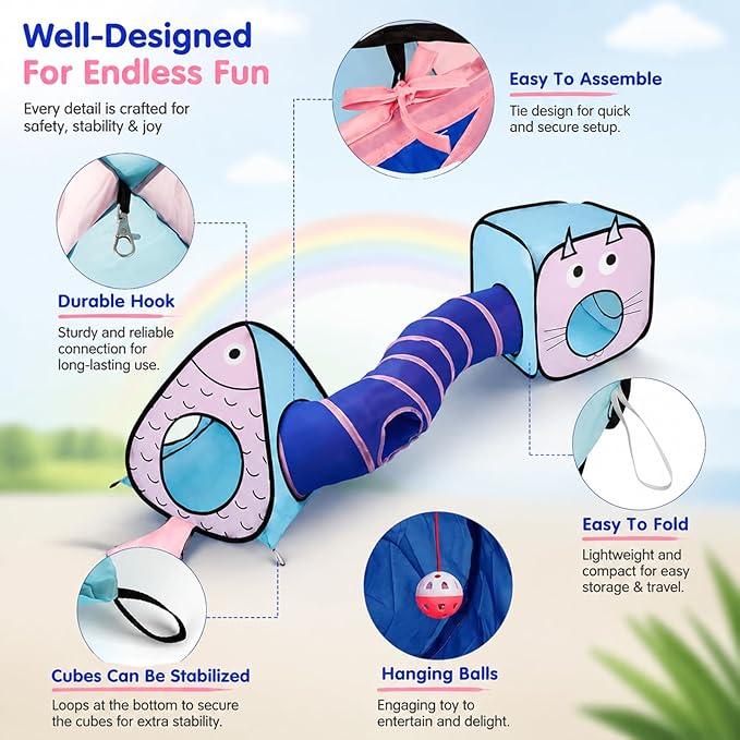 Rypet Cat Toy Tunnel and Cubes Bundle - Interactive Crinkle Collapsible Cat Tube and Foldable Cubes Playground for Kitty, Rabbit, Puppy, Ferret Hiding Hunting and Resting