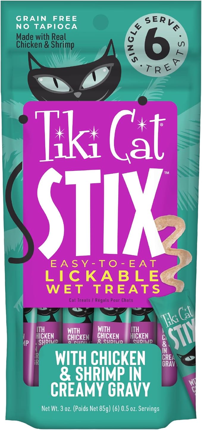 Tiki Cat Stix Mousse Treats, Single Serve Indulgent Lickable Treat or Dry Food Topper, Chicken and Shrimp in Creamy Gravy, 3 oz. Pouch