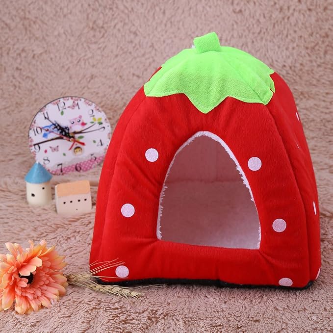 Strawberry Plush Pets House Washable Pets Cave Sofa Half-Closed Fluffy Dogs Room Soft Puppy House for Winter Indoor
