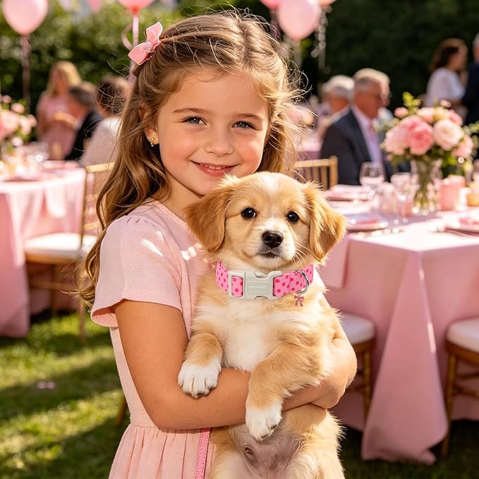 DOGWONG Pink Polka Dots Dog Collar for Small Dogs, Summer Spring Beach Hawaiian Dog Collars, Pink Girl Dogs Collars for X-Small Puppies Dogs, Neck 8-12 inches