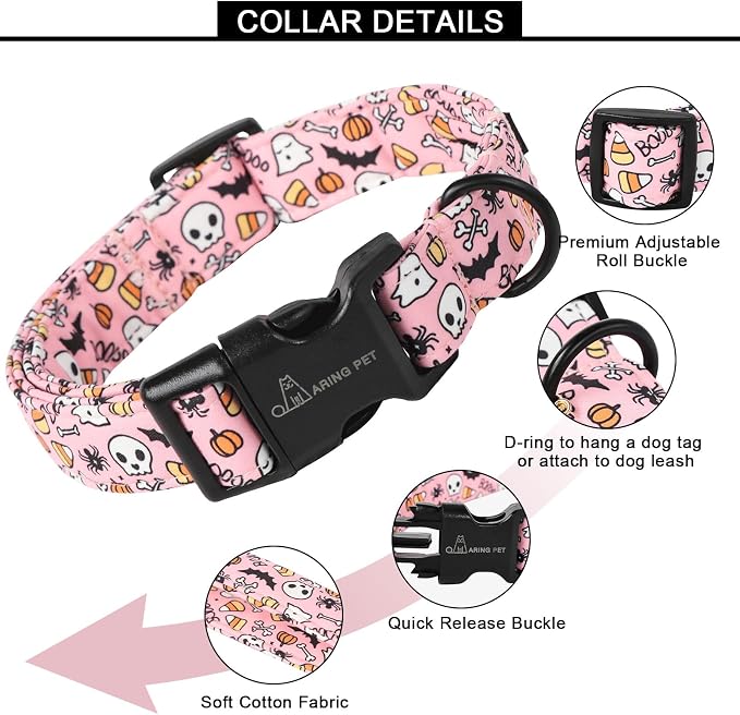 ARING PET Halloween Dog Collars, Cute Pink Pumpkin Ghost Bat Spider Skull Pet Collar with Quick Release Buckle for Small Medium Large Girl Boy Dogs-XS