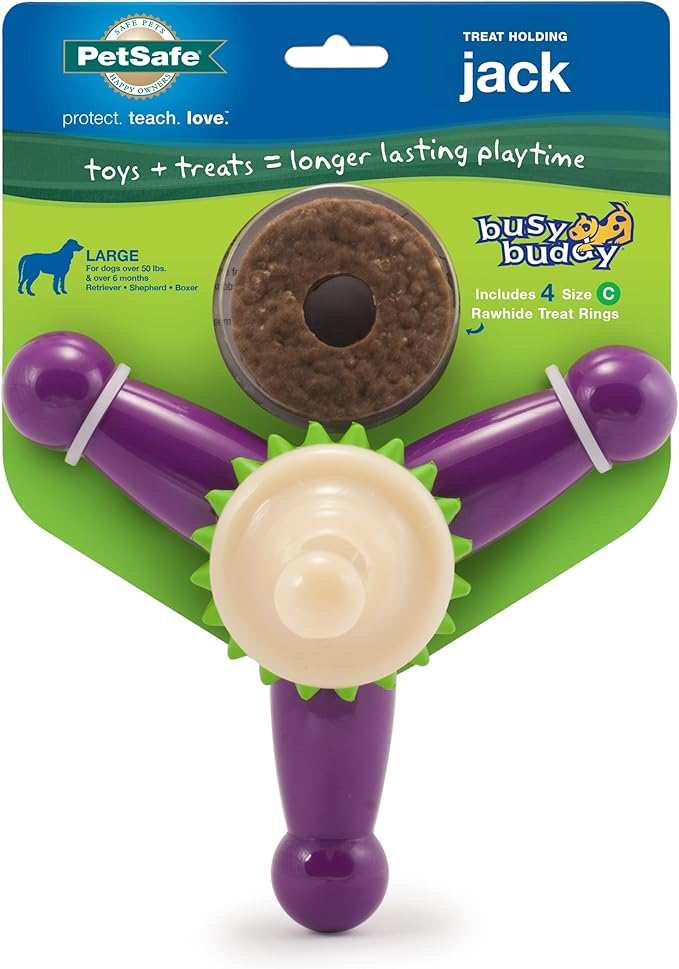 PetSafe Busy Buddy Jack - Treat Holding Dog Chew Toys - Helps Clean Teeth - Vanilla Scented Rubber for Strong Chewers - Treat Refills Included - Interactive Dog Toy Keeps Dogs Busy - Purple, Large