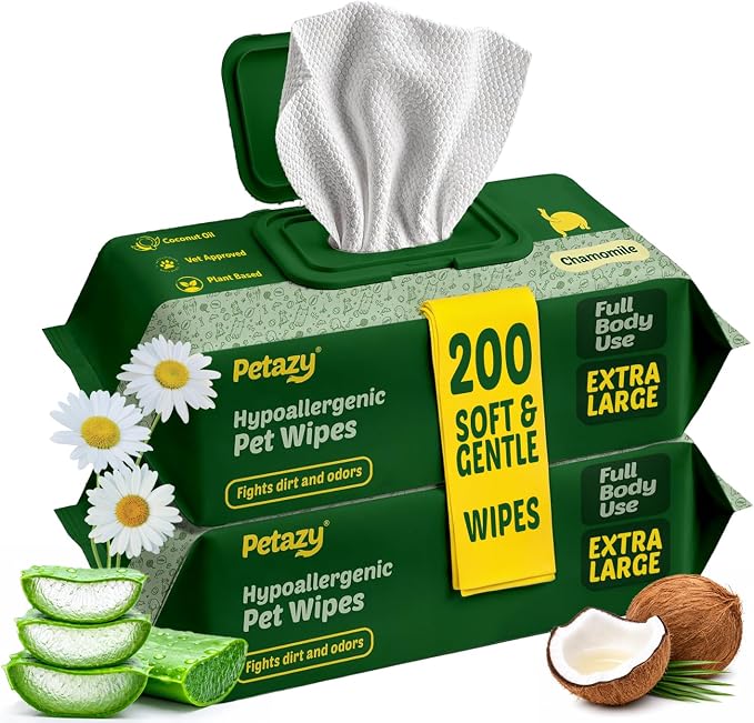 Petazy Pet Wipes for Dogs and Cats – 200 Count (8x8in) Hypoallergenic, Deodorizing Dog Wipes for Paws, Ears and Butt | XL with Aloe & Coconut Oil, Chamomile Scented | Travel Size, 2 On-the-Go Packs