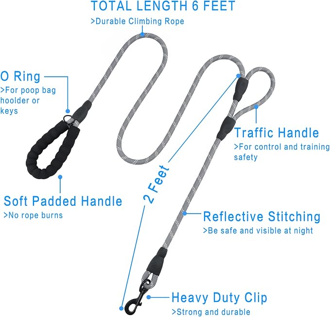 Plutus Pet Rope Dog Leash 6ft Long, Heavy Duty,Reflective Double Handle Leash for Safety Training, for Medium Large Dogs, Dual Handle Leads(Gray)