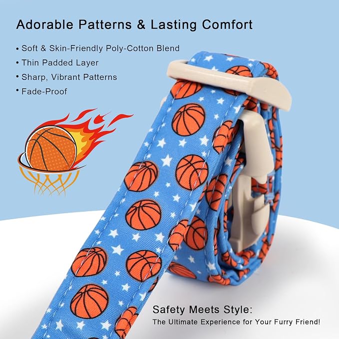 Basketball Dog Collar, Cute Boy Dog Collars for Small Dogs - Blue Sports Themed Cotton Male Dogs Collar, Soft Adjustable Daily Pet Collars with Quick Release Buckle S