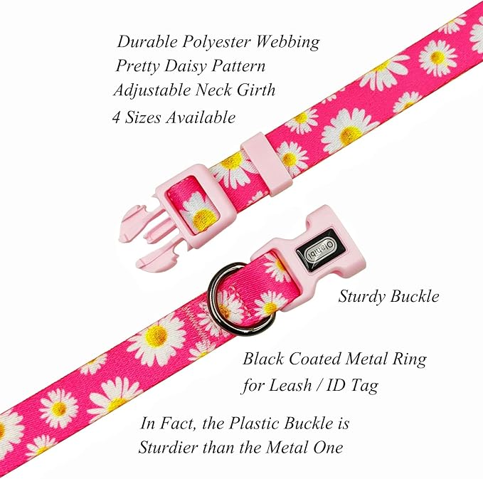Dog Collar and Leash Set, Cute Pink Daisy Pattern, Polyester Material, 5ft Leash, for Puppy Dogs.(XS, Daisy Set)