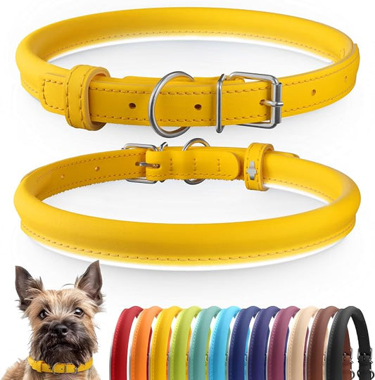 CollarDirect Reflective Rolled Leather Dog Collar, Soft Padded Round Puppy Collar, Handmade Genuine Leather Collar Dog Small Large Cat Collars 13 Colors (8-11 Inch, Yellow Reflective)