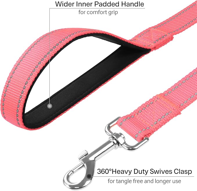 FunTags 6FT Neon Pink Reflective Dog Leash for Medium & Small Dogs Walking, Soft Padded Handle Comfortable Grip, Heavy Duty Nylon, Reflective for Night Walking, 3/4in Wide