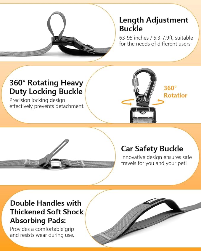 Hands Free Dog Leash & Car Seatbelt, 5.3-7.9ft Crossbody Dog Belt with Dual Soft Handles, Shock-Absorbing, 360° Clip, Reflective Design for Walking, Running, Hiking, Travel. (Gery)