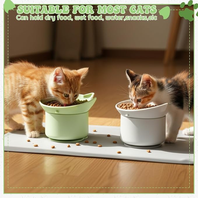 2 Pack Slow Feeder Cat Bowls Silicone Tilted Raised Pet Bowl with Non Slip Base for Digestion Anti Vomit, Gray, Green