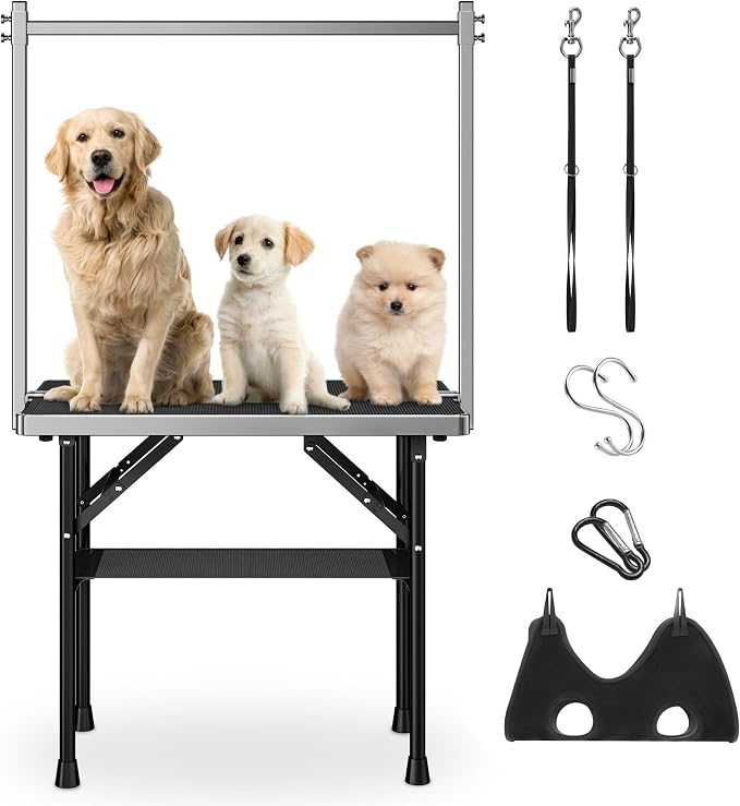 niffgaff Dog Grooming Table with Arm, Hammock & Nooses, 30" H Foldable Heavy Duty Pet Grooming Station, 35.5" L×23.6" W Non-Slip Waterproof Tabletop, 33.5" Height Adjustable Stainless H-Frame Arm | Foldable, Heavy Duty, 35.5"L×23.6"W Non-Slip Waterproo...