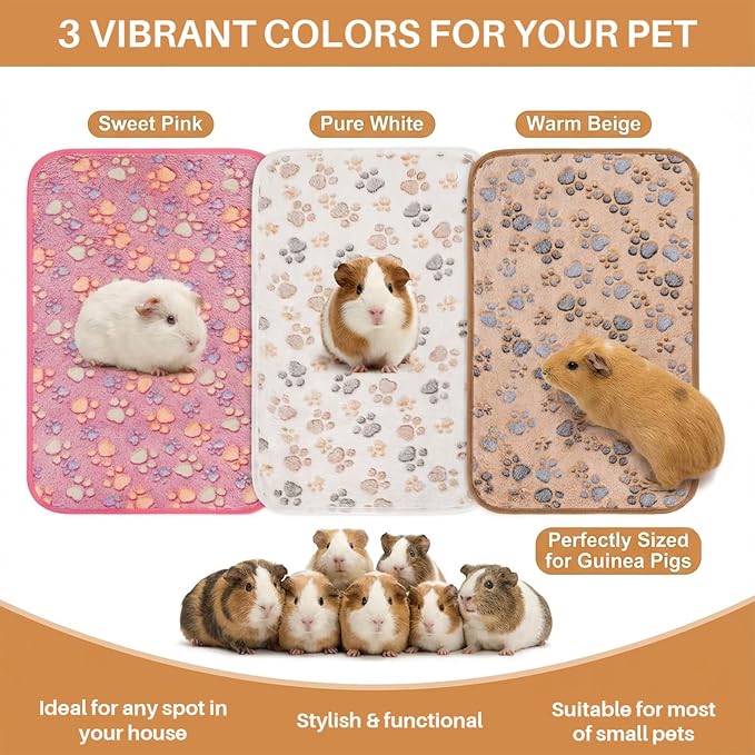 RAINFLOW 3Pcs Guinea Pig Fleece Blanket - Waterproof Washable Pet Cage Liner Pee Pad, Paw Print Absorbent Mat for Small Dog Rabbit Hamster Ferret Chinchilla, 23.6 x 15.7 Inch, 3 Colors