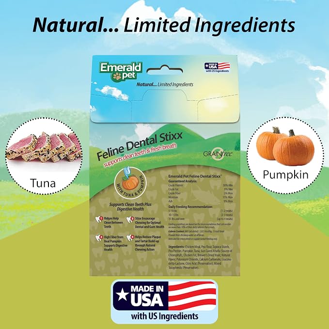 Emerald Pet Grain-Free Tuna Cat Dental Treats – Crunchy Dental Sticks for Cats to Clean Teeth, Reduce Plaque & Tartar, Freshen Breath – Pumpkin for Digestive Health, Natural Cat Chews, 3.6 oz