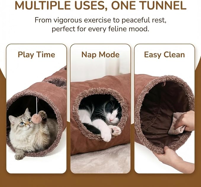 ZENFUN 51"x 12" Collasiple Cat Play Tunnel, Cats Tubes and Tunnels, Cat Foldable Hide and Seek Tunnel Toy, Brown Suede Pet Tube Toy for Rabbits, Ferrets, Puppy, Diameter 12 Inch