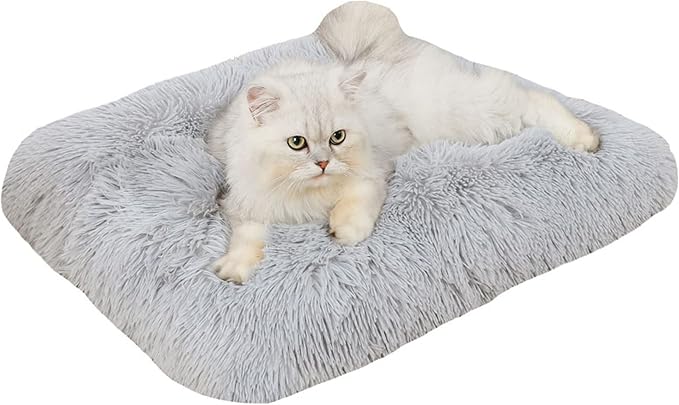 Long Plush Calming Pet Bed Cuddler Pet Bed for Dogs and Cats Fluffy Faux Fur Dog Bed with Anti Slip Bottom Machine Washable Pet Sleep Bed Crate Mat Light Grey M
