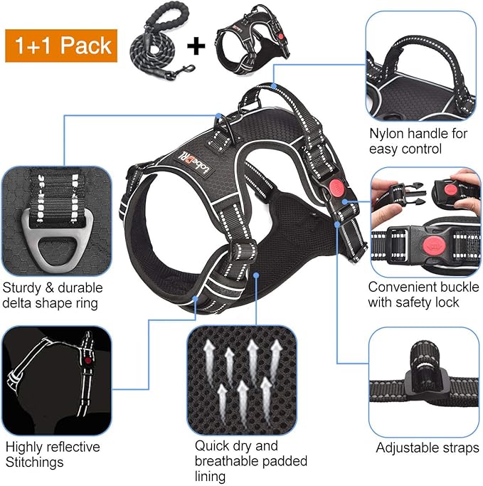 tobeDRI No Pull Dog Harness Adjustable Reflective Oxford Easy Control Medium Large Dog Harness with A Free Heavy Duty 5ft Dog Leash