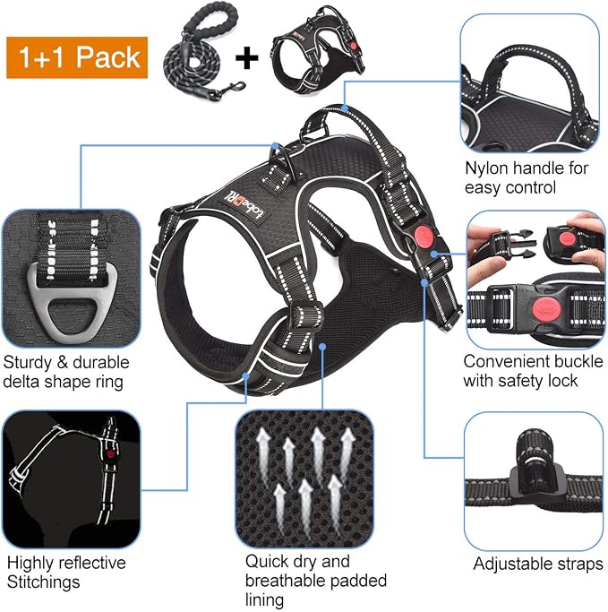tobeDRI No Pull Dog Harness Adjustable Reflective Oxford Easy Control Medium Large Dog Harness with A Free Heavy Duty 5ft Dog Leash